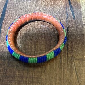 Massi Hand-Beaded Leather Bangle — Blue & Green